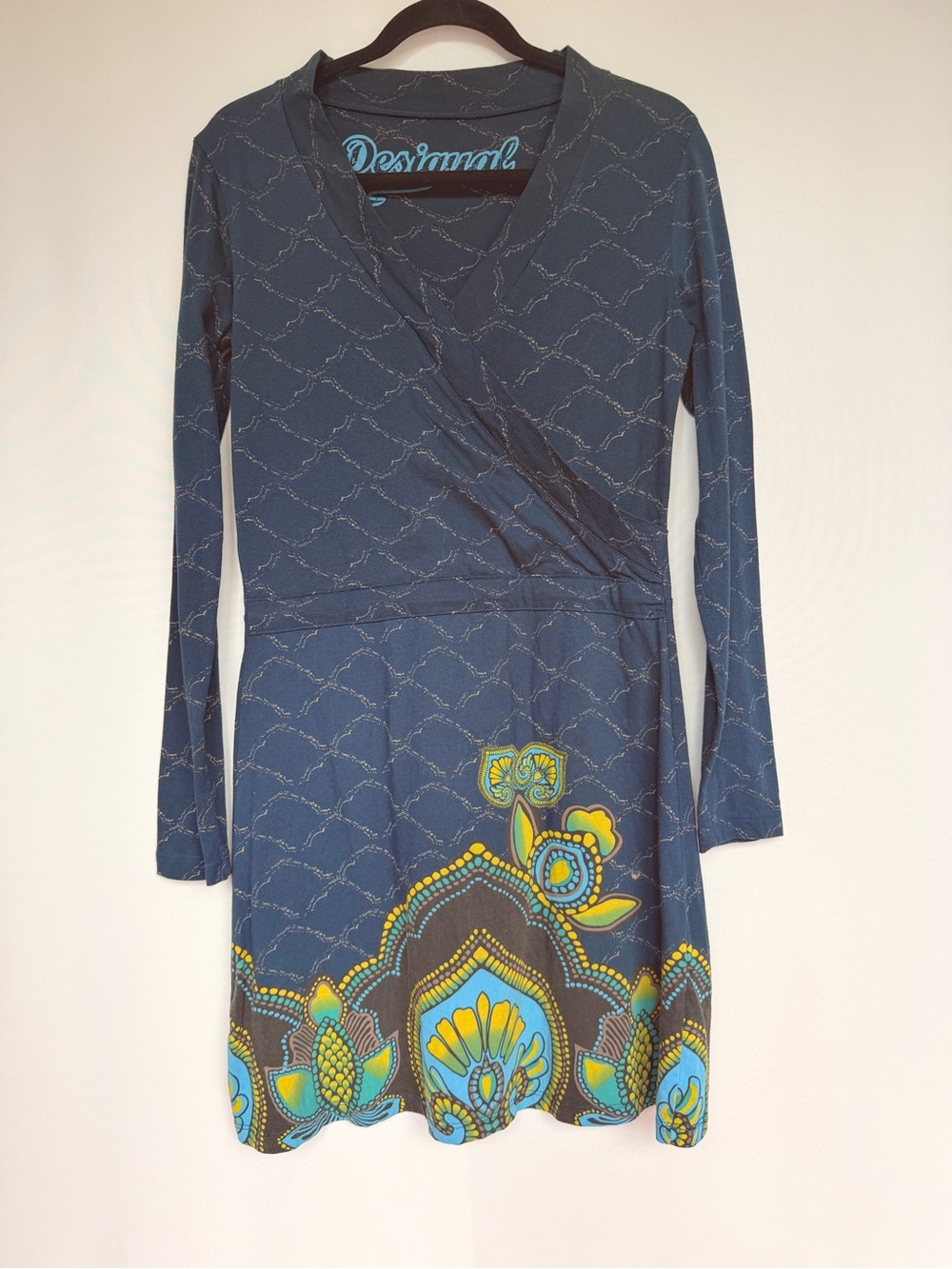 Desigual Long Sleeve Faux Wrap Dress Blue Floral Print 100% Cotton M